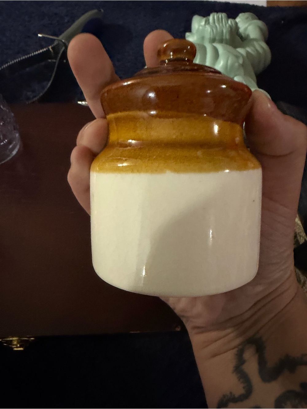 Brown and Cream Ceramic Lidded Jar - Home Art
